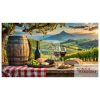 Romantic vineyard with table with red wine, cheese and bread