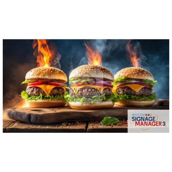 Three hamburgers in flames