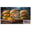 Three hot hamburgers on a wooden plate with flames