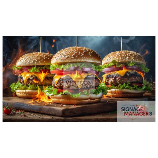 Three hot hamburgers on a wooden plate with flames