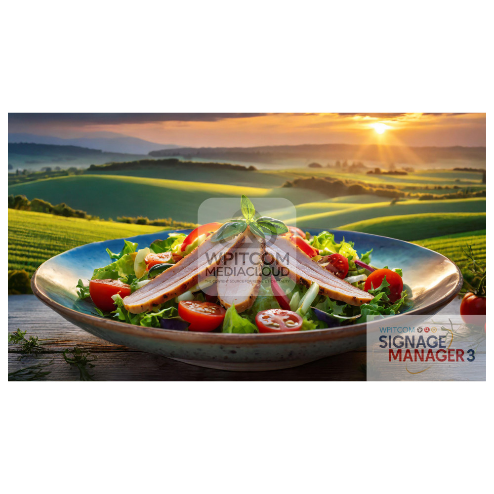 A colorful salad plate with turkey strips with the background of a vegetable field in summer