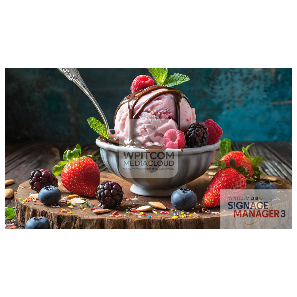 Ice cream with strawberries, raspberries, blackbeeries and chocolate