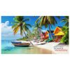 A carribean beach with palm trees and colorful boats