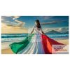 A lady on the beach wearing a skirt of italian / mexican flag