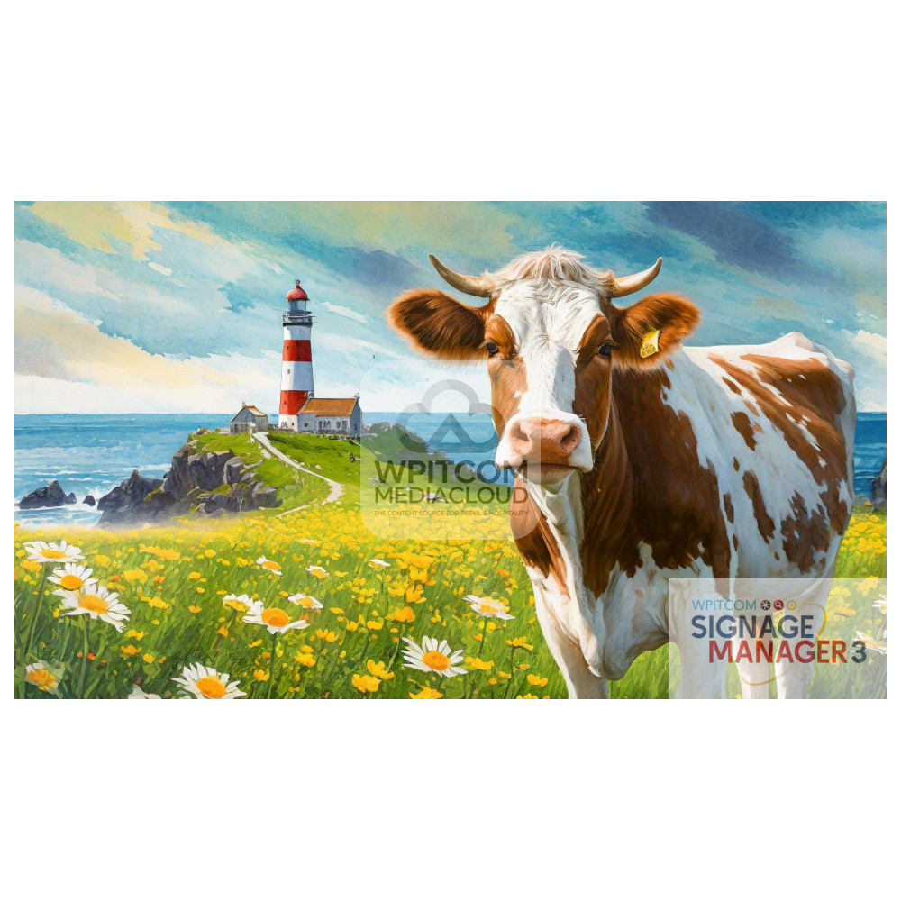 A cow on a medow with lots of flowers and a lighthouse in Germany