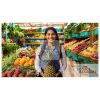 A young lady presenting a pineapple in a fruit and vegetable store