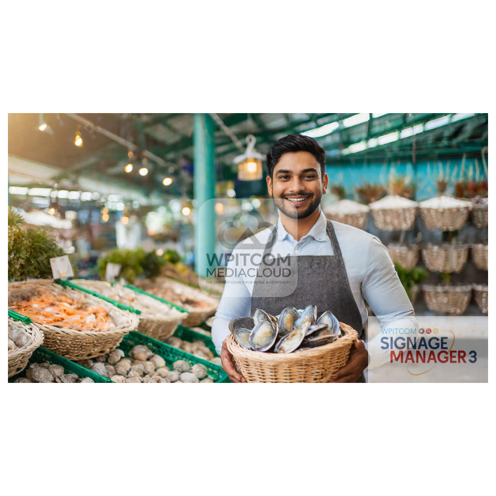 A young man presenting seafood in a seafood store