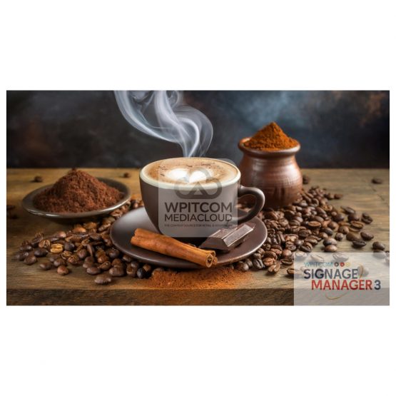 A steaming coffee cup with coffee beans and cinnamon
