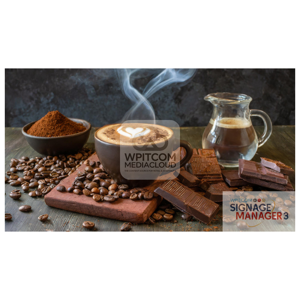 A steaming coffee cup with coffee beans and cinnamon and chocolate