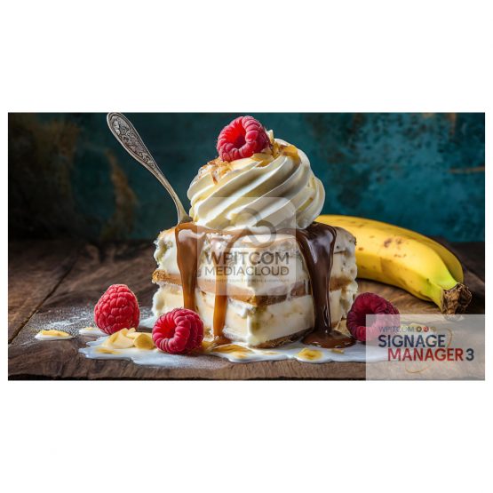 Sweet dessert with cream and raspberries with a banana