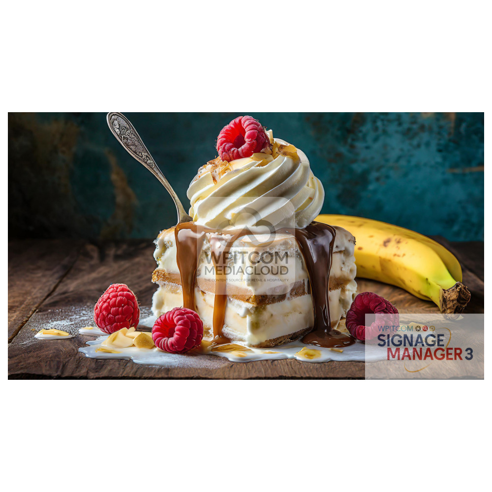 Sweet dessert with cream and raspberries with a banana