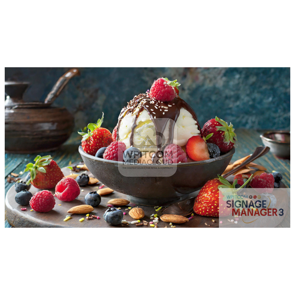 ce cream with strawberries, raspberries, blackbeeries and chocolate