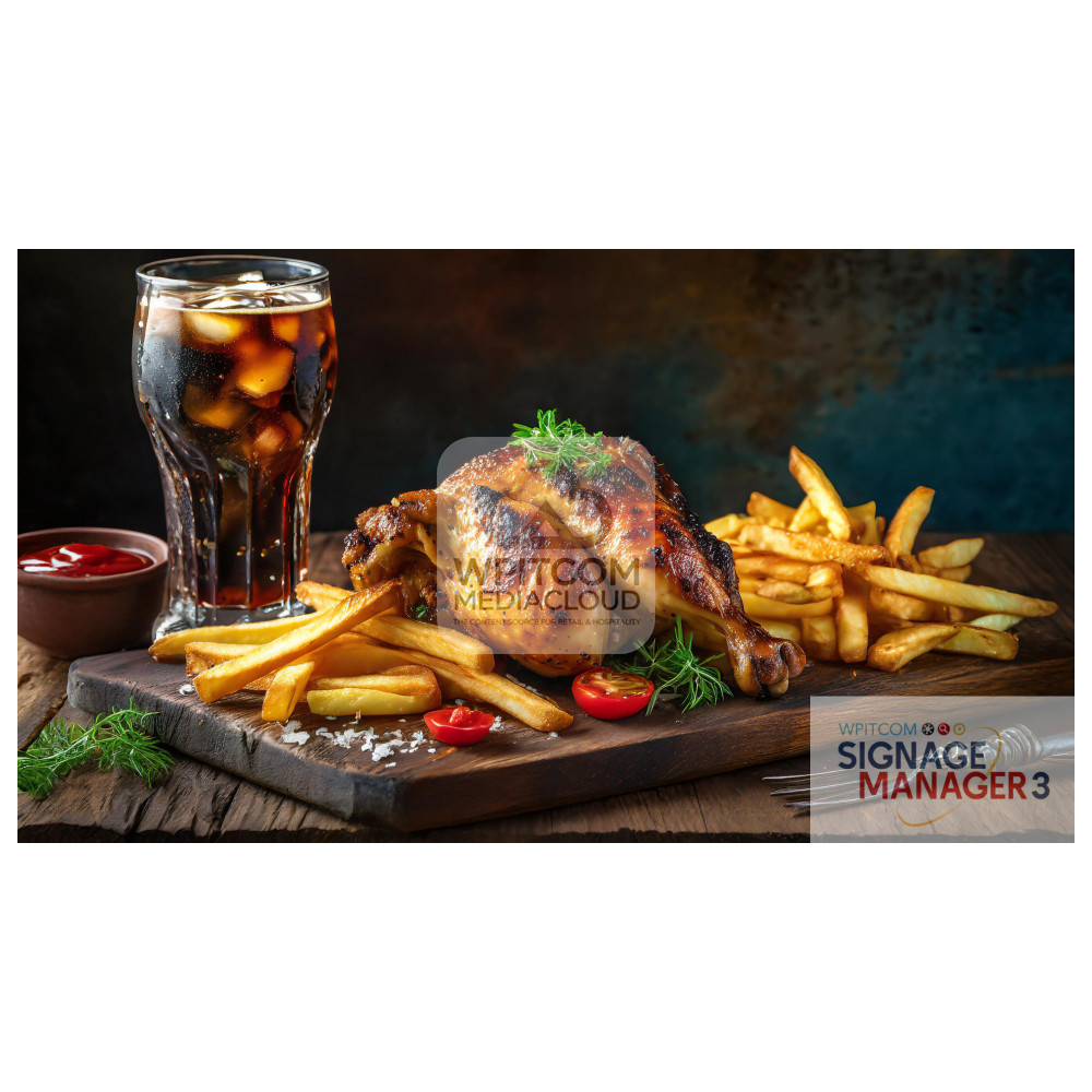 Chicken with french fries, ketchup and softdrink