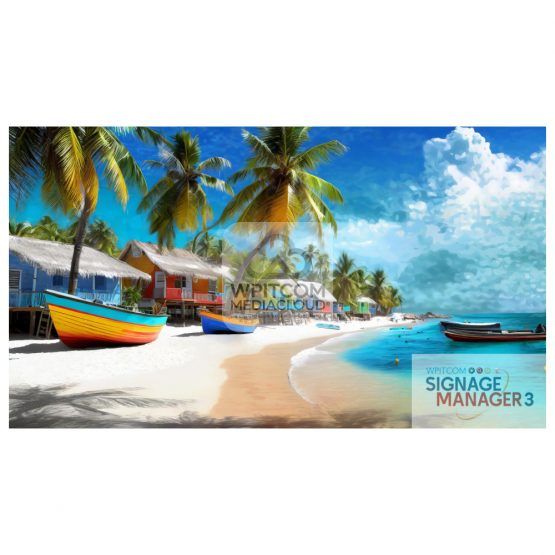 A carribean beach with palm trees and colorful boats