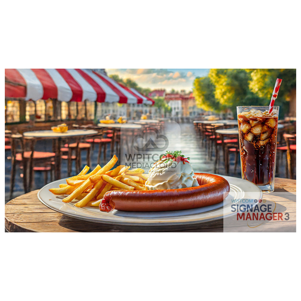 Wiener Wurst / German Sausage, French fries and orange juice in the beer garden