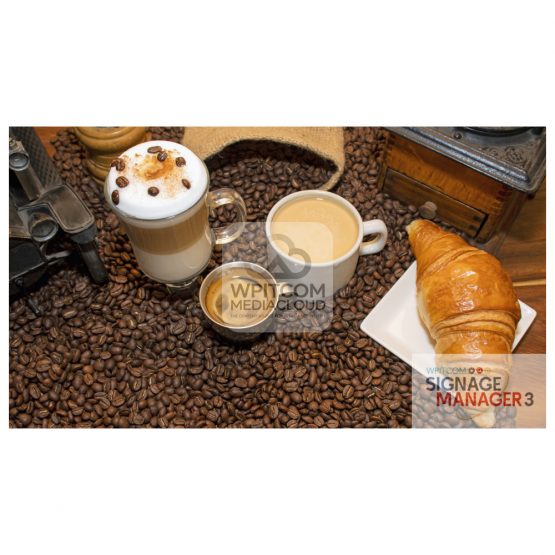 A cup of espresso, capuccino and black coffee with cream on a table with a croissant