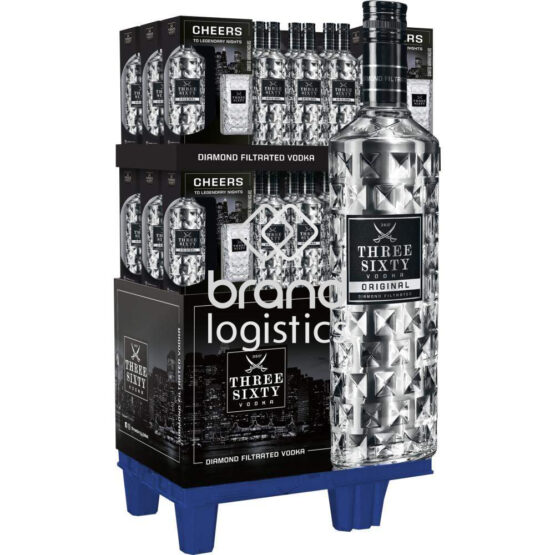 36er Promotion-Display Three Sixty Vodka Original 37,5% vol. 0,7l + gratis Three Sixty Longdrinkglas 0,3L