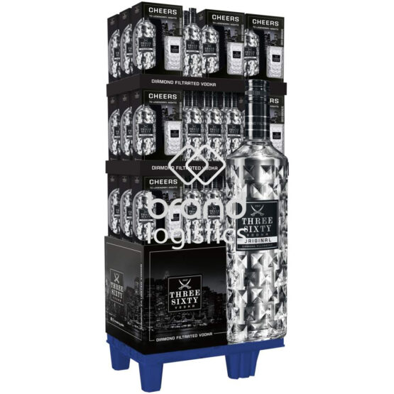 48er Promotion-Display Three Sixty Vodka Original 37,5% vol. 0,7 l + gratis Three Sixty Longdrinkglas 0,3