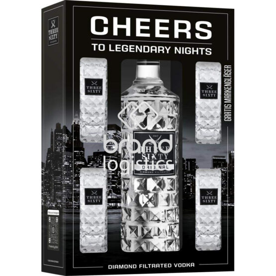 4007675040429-Three Sixty Vodka Original 37,5% vol. 3 l + 4x gratis Longdrinkglas 0,3 l